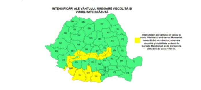 Atenționări meteorologice: Alertă de cod galben pentru vânt și ninsoare puternică. Previziuni meteorologice până la Anul Nou.