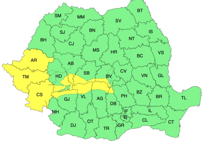 HARTĂ. Specialiștii în meteorologie lansează alerte pentru condiții meteorologice nefavorabile. Aproape 20 de județe se află sub avertizare de cod galben.
