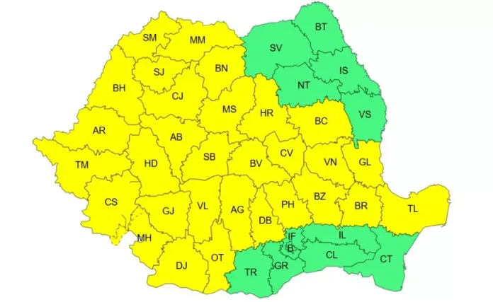 ANM a prelungit avertizarea meteorologică pentru ploi intense, grindină și furtuni ANM a prelungit avertizarea meteorologică pentru ploi intense, grindină și furtuni. Harta regiunilor afectate de codul galben
