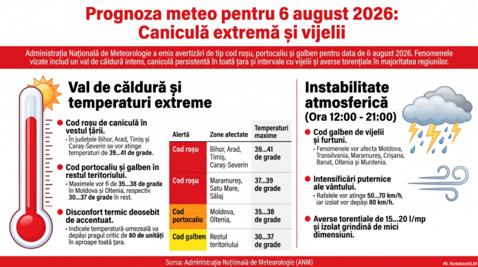 Vremea pentru 6 august 2026: Șapte județe sub avertizare roșie de caniculă, alte 31 sub avertizare galbenă de furtuni